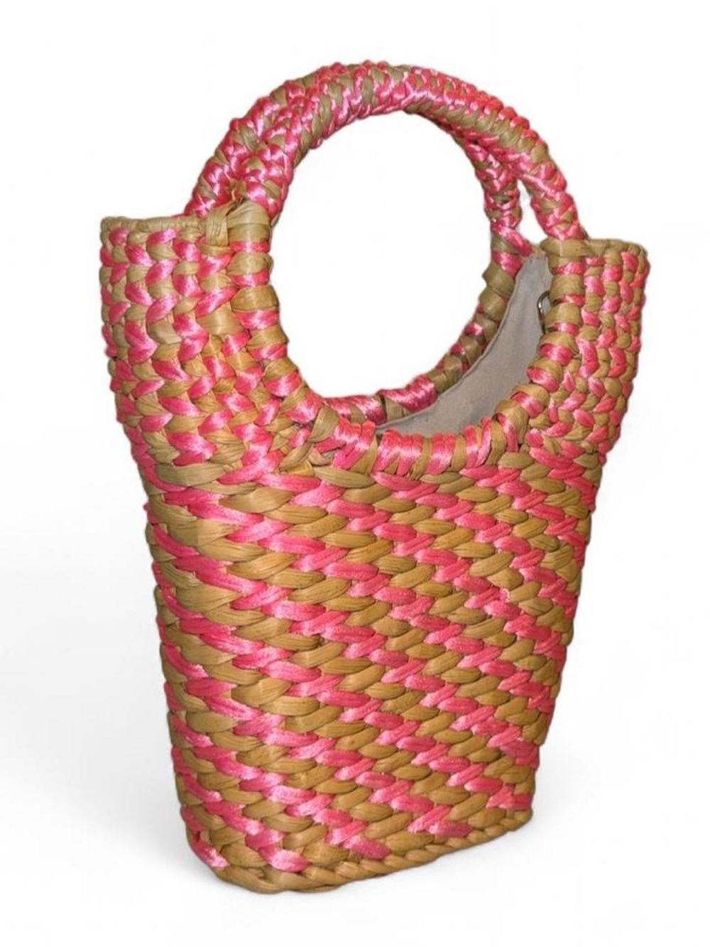 Woven Pink and Tan Straw Tote Bag